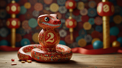 A cute paper-cut snake mascot playing around "2025," surrounded by intricate designs of lantern riddles and lucky charms, detailed cut-out patterns, vibrant red and gold,generative.ai