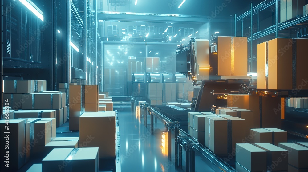 Poster a high-tech packaging system using robotics to streamline operations.