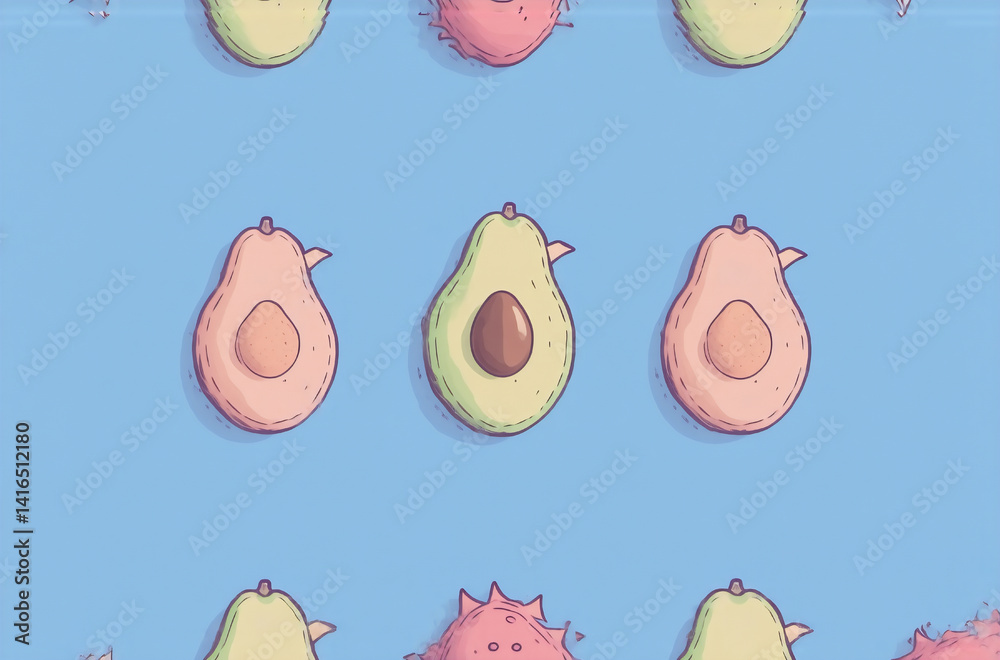 Poster A playful illustration features avocado halves and spiky pink fruit arranged in a repeating pattern on a light blue background.  These quirky fruit avatars create a fun, vibrant design.