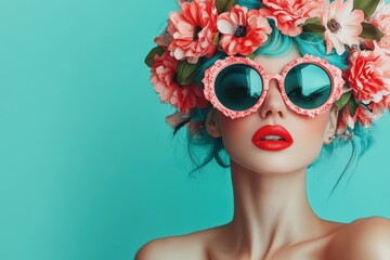 Fototapeta premium Woman with blue hair, flowers, and pink sunglasses poses on a teal background. Perfect for projects needing a vibrant spring or summer fashion image.