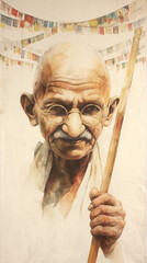 Gandhi is depicted with detailed old and wrinkled face, worn wooden stick tightly gripped, gandhi jayanti . ai generated images.