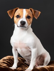 Obraz premium A Jack Russell Terrier sitting elegantly on a velvet cushion, golden hour lighting, luxurious vibe
