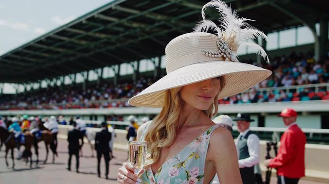 Elegant woman at horse racing event with classy hat and champagne