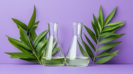 Erlenmeyer Flasks with Herbal Extract and Green Leaves on Purple Background