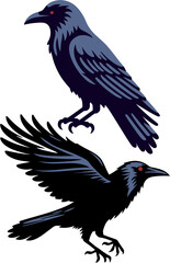 Dark Raven Vector Illustration – Perched and Flying Crow in Gothic Style, ector illustration of a dark raven perched and flying, in gothic style with sharp feather detail.