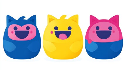 Obraz premium Three adorable pixelated cat characters in blue yellow and pink, isolated on white background, digital art design featuring cute expressions and playful textures