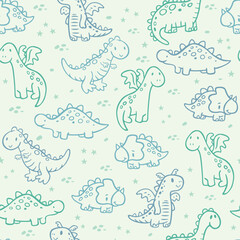 Illustration of a repeated pattern with dragons and dinosaurs in a childish style. Art in simple and uncluttered lines.