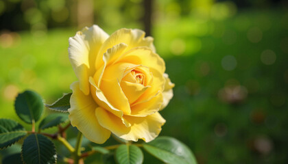 Vibrant yellow rose blooming in lush garden, beauty of nature
