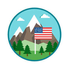 American flag in mountain landscape with pine trees