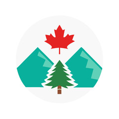 Maple leaf over abstract green mountain forest