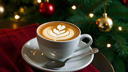A white coffee cup with a heart design on a red cloth. A spoon is placed next to the cup