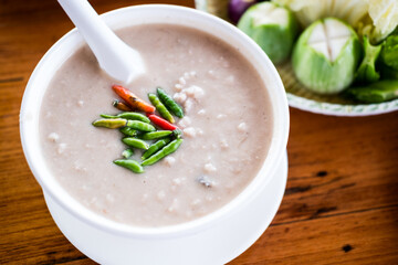 Soya bean with minced pork  in coconut dipping sauce. Thai called Tao Jiaw Lone, Thai food