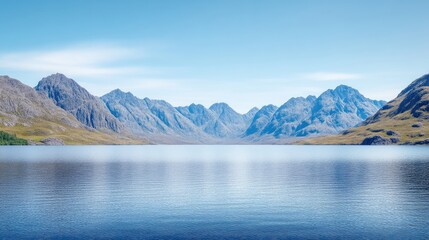 Obraz premium Serene mountain lake landscape. Vast, tranquil lake reflecting a range of rugged mountains under a clear, bright sky