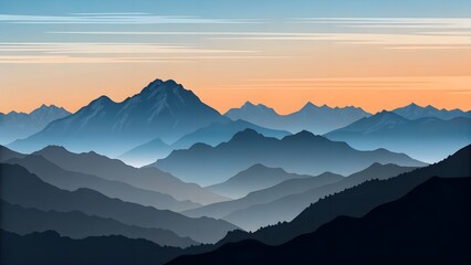 Fototapeta premium A serene landscape of mountain silhouettes set against a gradient sky, evoking tranquility and natural beauty. Suitable for nature-themed designs and backgrounds.