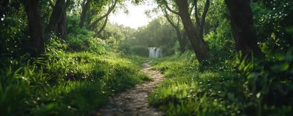 Winding path through a lush forest surrounded by tall trees and vibrant foliage leading to a serene natural setting
