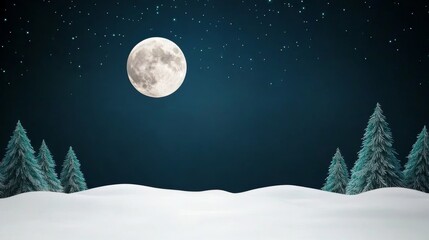 Serene snowy night illuminated by a full moon casting soft light over a quiet winter landscape