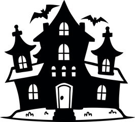A spooky black Halloween house silhouette under the moon, a vector illustration of a haunted home