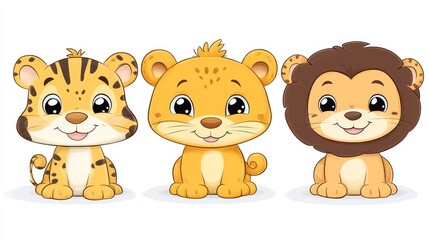 Naklejka premium Delightful trio of baby jungle animals featuring a cute tiger cub a playful lion cub and an adorable yellow cat isolated on white