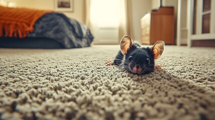 Adorable Black Mouse on Fluffy Carpet