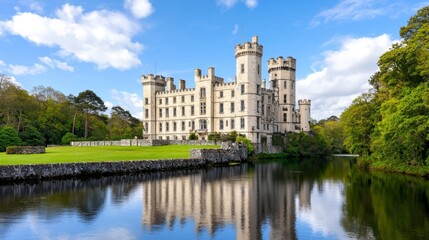 Obraz premium Majestic castle overlooking a tranquil body of water surrounded by lush greenery under a bright blue sky