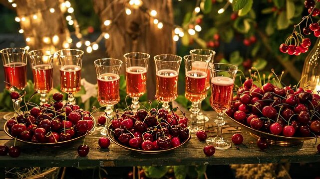 A summer garden party scene features several glasses of cherry drinks arranged on a table. Fresh cherries are displayed on plates, surrounded by soft evening lighting and greenery