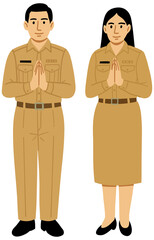 Illustration of a man and a woman wearing the official tan Thai government uniform, standing respectfully with hands pressed together in a traditional 