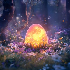 Glowing Easter egg nestled in enchanted forest wildflowers