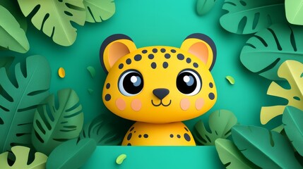 Whimsical jungle pixel art design featuring a playful cartoon jaguar surrounded by lush tropical foliage creating a vibrant and charming composition