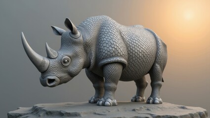 Fototapeta premium Stylized rhinoceros sculpture marching forward in golden light textured art