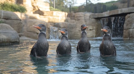 A group of cormorants standing in the water at a zoo exhibit with a small waterfall feature and rock formations creating a relaxing and natural environment