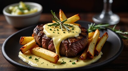 Mouthwatering close-up steak frites. Perfectly grilled medium-rare steak with crispy fries topped creamy bearnaise sauce with rosemary twig.