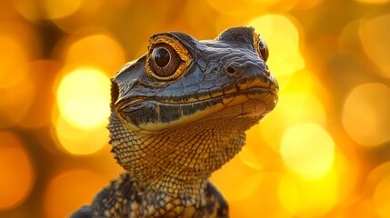Fototapeta premium Captivating lizard portrait featuring intricate skin patterns against a warm bokeh backdrop highlighting nature's beauty and unique reptilian charm in zoology