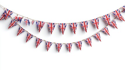 Union Jack Bunting: Festive Miniature Flags Strung on Natural Twine, Isolated on White.