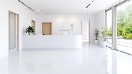 Fototapeta premium Modern, bright, minimalist office reception area with large windows. Spacious, clean design showcasing polished floors and white walls. Plants add a touch of nature
