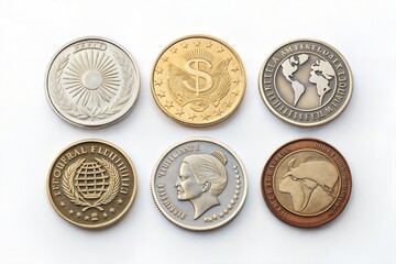 A studio shot of coins from different countries, representing global finance. (Money)