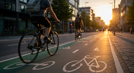 Cyclists enjoy a ride during a golden hour sunset, along a dedicated bike path in the city.
