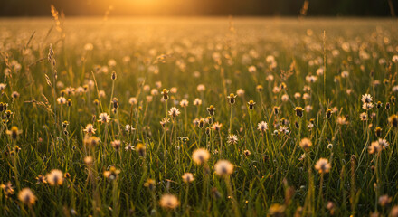 Naklejka premium A field of wildflowers glows in the warm light of the sunset, creating a peaceful scene.