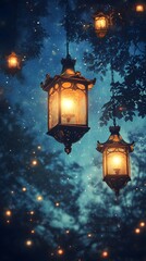Magical lanterns in a starry night forest
