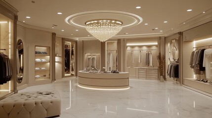 A luxury boutique displaying high-end clothing and accessories with elegant lighting digital