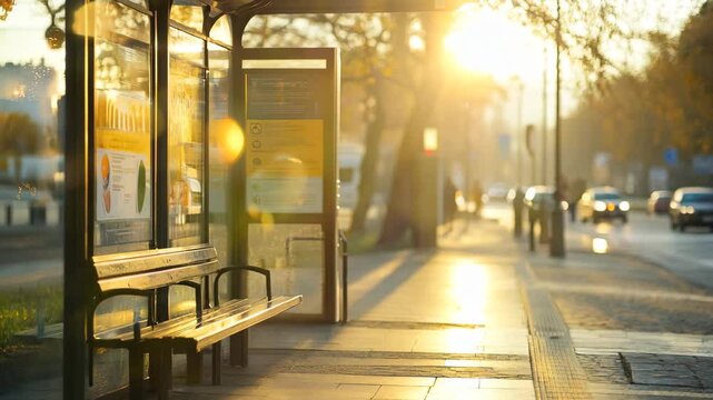 A city street with a row of benches and a bus stop. The benches are empty and the bus stop is empty. The sun is shining brightly, creating a warm and inviting atmosphere