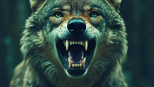 Fierce snarling wolf in forested wilderness