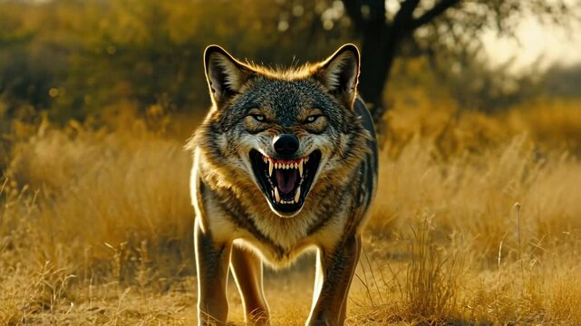 Aggressive wolf in dry grass field showing sharp teeth in natural habitat