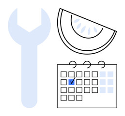 Wrench, calendar marked with a blue checkmark, and citrus slice illustrating balance between work, maintenance, and leisure. Ideal for scheduling, planning, time management, health balance