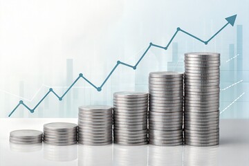 Stack of silver coins aligned with an ascending trading chart, symbolizing investment growth and financial savings. (Money)