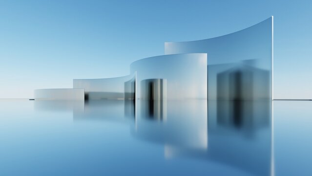 3d illustration of abstract minimal architecture background, geometric architectural with chrome or metallic arch design