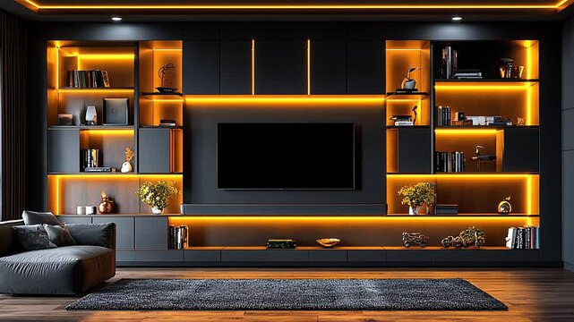 Modern living room setup with black wall unit, TV, and warm lighting
