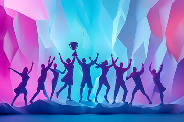 Silhouette of triumphant team celebrating victory.