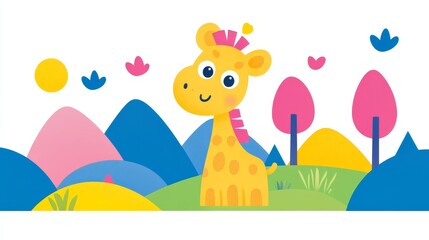 Obraz premium Whimsical Giraffe Adventure Cartoon Vector Illustration featuring Happy Animal on Landscape Background ideal for Kids Education Material Project