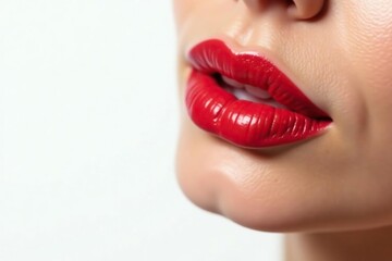 Fototapeta premium Close-up of vibrant red lipstick on pure white backdrop, matte, cosmetic, glossy