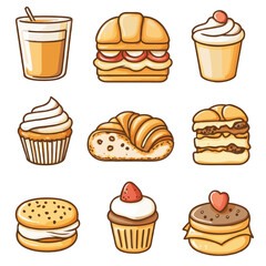 simple line art illustration of latte and sandwich, showcasing classic cafe food pairing. latte is in tall glass with straw, and sandwich features layers of ingredients